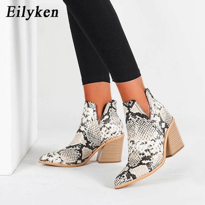 Autumn Winter Casual Western Cowboy Ankle Boots Women Snake Cowgirl Booties Short Cossacks Botas High Heels Shoes - Touchy Style