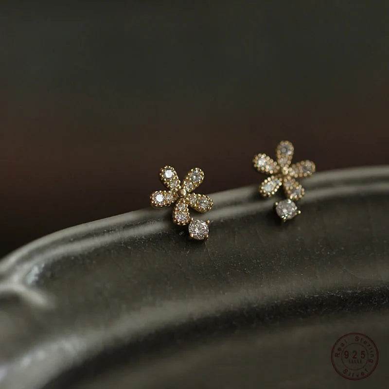 925 Sterling Silver Shiny Crystal Flower Stud Earrings Women Cute Elegant Party Wedding Jewelry Accessories Girlfriend Gifts - Touchy Style