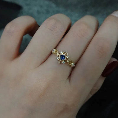 925 Sterling Silver 14K Gold Plated Ring for Women Blue Zircon Japanese Retro Hollow Simple Ring Wedding Party Jewelry - Touchy Style
