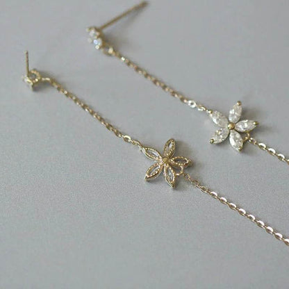 925 Sterling Silver Plated 14K Gold Long Tassel Zircon Flower Earrings fou women Sweet Temperament Wedding Jewelry Accessories - Touchy Style