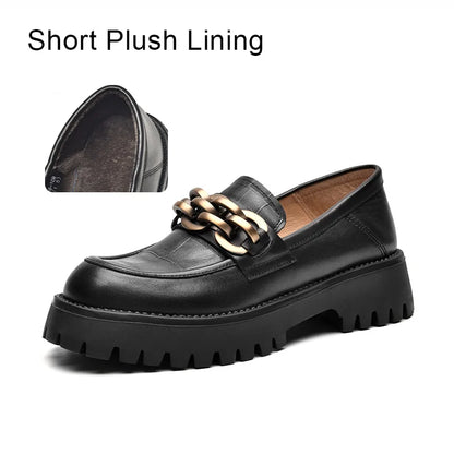 BeauToday Loafers for Women Genuine Cow Leather Round Toe Metal Chain Slip-on Ladies Platform Shoes Handmade I27748