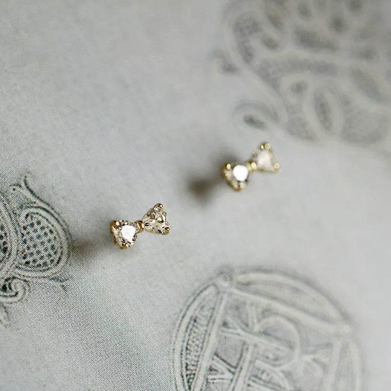 925 Sterling Silver Plating 14k Gold Inlaid Crystal Simple Bow Earrings Women Small Cute Student Girlfriends Jewelry Accessories - Touchy Style