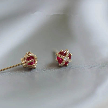 925 Sterling Silver Simple Crown Stud Earrings Women Inlaid Red Zircon Right Staff Noble Elegant Wedding Jewelry Gift - Touchy Style
