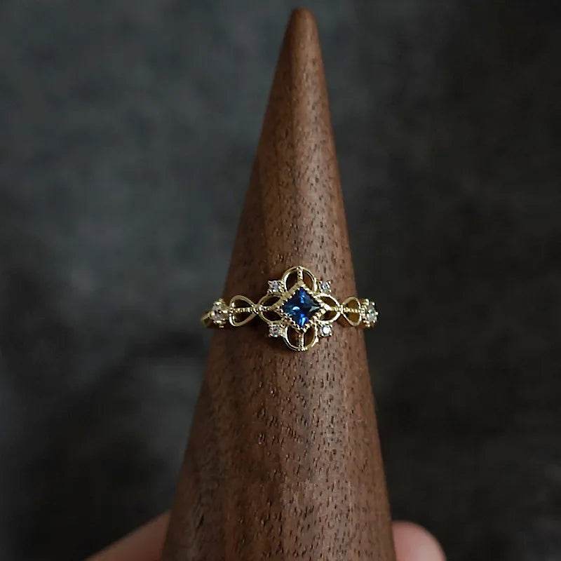 925 Sterling Silver 14K Gold Plated Ring for Women Blue Zircon Japanese Retro Hollow Simple Ring Wedding Party Jewelry - Touchy Style