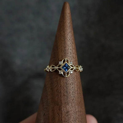 925 Sterling Silver 14K Gold Plated Ring for Women Blue Zircon Japanese Retro Hollow Simple Ring Wedding Party Jewelry - Touchy Style