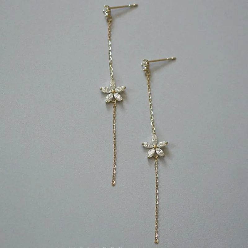 925 Sterling Silver Plated 14K Gold Long Tassel Zircon Flower Earrings fou women Sweet Temperament Wedding Jewelry Accessories - Touchy Style