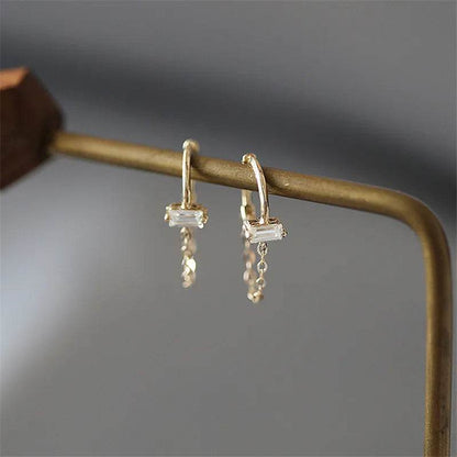 925 Sterling Silver French Simple Square Crystal Chain Earrings women Light Luxury Temperament Wedding Party Jewelry - Touchy Style