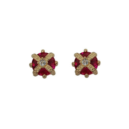 925 Sterling Silver Simple Crown Stud Earrings Women Inlaid Red Zircon Right Staff Noble Elegant Wedding Jewelry Gift - Touchy Style