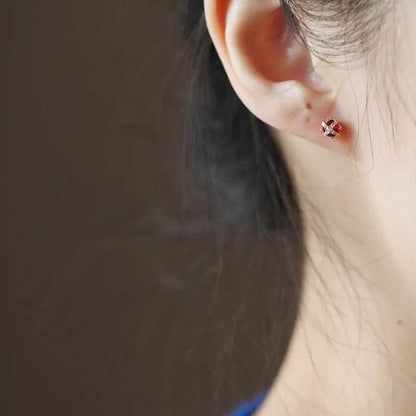 925 Sterling Silver Simple Crown Stud Earrings Women Inlaid Red Zircon Right Staff Noble Elegant Wedding Jewelry Gift - Touchy Style