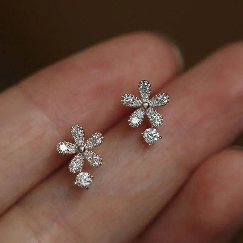 925 Sterling Silver Shiny Crystal Flower Stud Earrings Women Cute Elegant Party Wedding Jewelry Accessories Girlfriend Gifts - Touchy Style