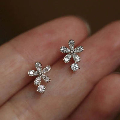 925 Sterling Silver Shiny Crystal Flower Stud Earrings Women Cute Elegant Party Wedding Jewelry Accessories Girlfriend Gifts - Touchy Style