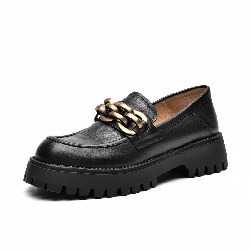 BeauToday Loafers for Women Genuine Cow Leather Round Toe Metal Chain Slip-on Ladies Platform Shoes Handmade I27748