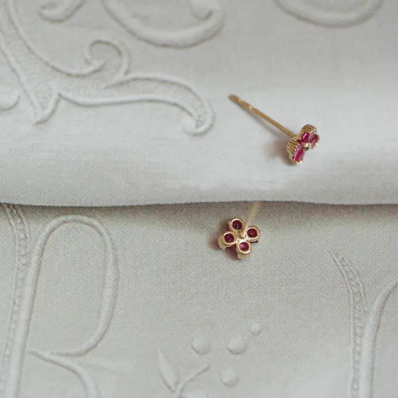 925 Sterling Silver Plated 14K Gold Red Zircon Lovely Small Flower Stud Earrings Women Wedding Jewelry Gift - Touchy Style
