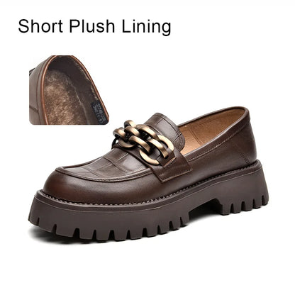 BeauToday Loafers for Women Genuine Cow Leather Round Toe Metal Chain Slip-on Ladies Platform Shoes Handmade I27748