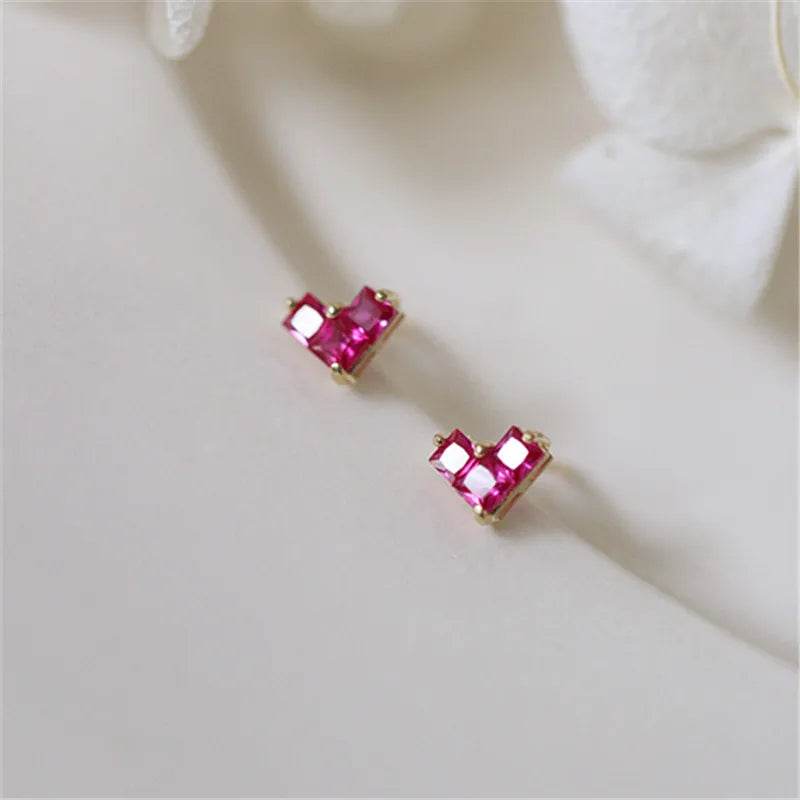 925 Sterling Silver French Simple Red Zircon Heart Stud Earrings Women Light Luxury Temperament Wedding Jewelry Gift - Touchy Style