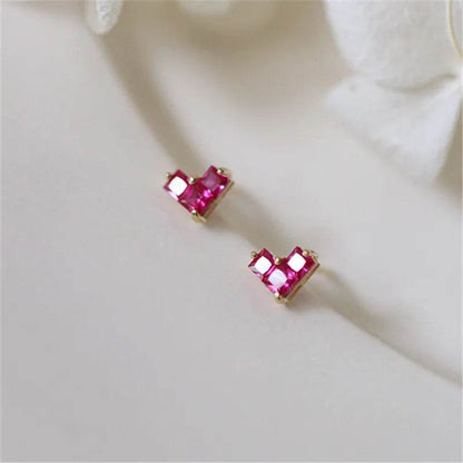 925 Sterling Silver French Simple Red Zircon Heart Stud Earrings Women Light Luxury Temperament Wedding Jewelry Gift - Touchy Style