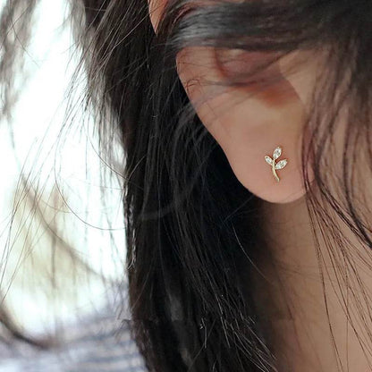 925 Sterling Silver French Simple Pavé Crystal Leaf Tree Life Stud Earrings Women Classic Plating 14k Gold Jewelry Gift - Touchy Style