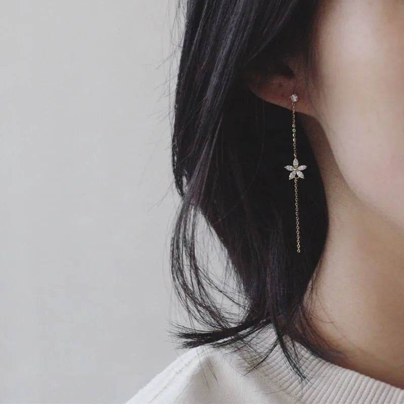 925 Sterling Silver Plated 14K Gold Long Tassel Zircon Flower Earrings fou women Sweet Temperament Wedding Jewelry Accessories - Touchy Style