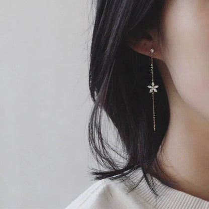 925 Sterling Silver Plated 14K Gold Long Tassel Zircon Flower Earrings fou women Sweet Temperament Wedding Jewelry Accessories - Touchy Style