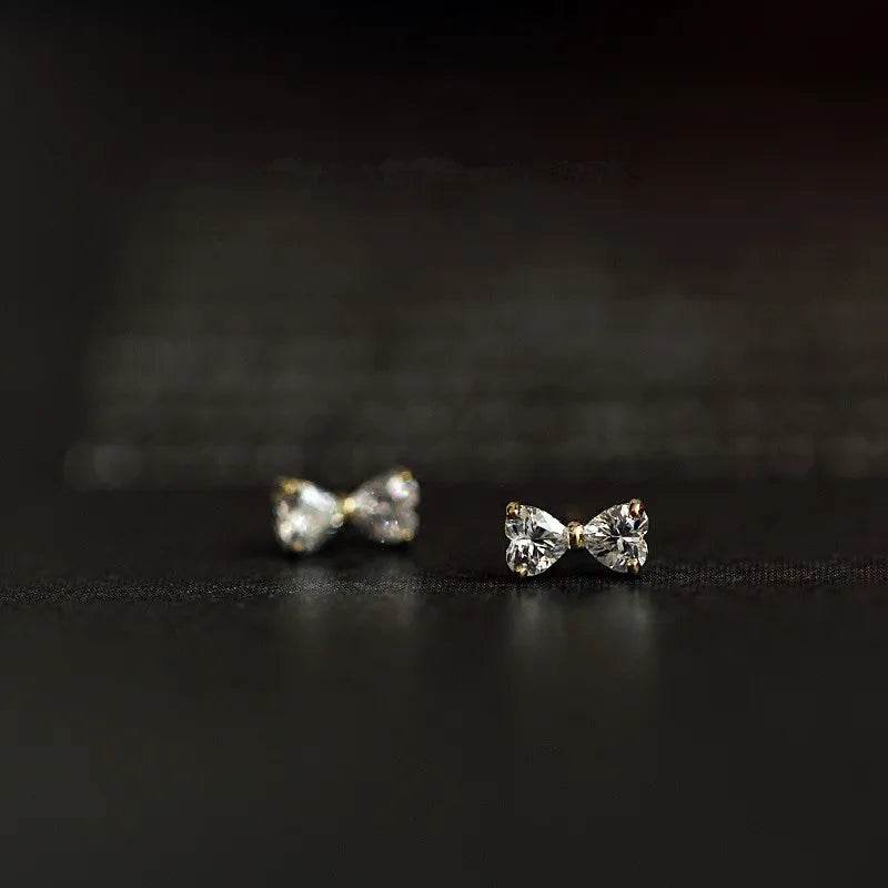 925 Sterling Silver Plating 14k Gold Inlaid Crystal Simple Bow Earrings Women Small Cute Student Girlfriends Jewelry Accessories - Touchy Style