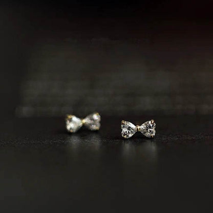 925 Sterling Silver Plating 14k Gold Inlaid Crystal Simple Bow Earrings Women Small Cute Student Girlfriends Jewelry Accessories - Touchy Style