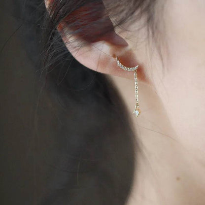 925 Sterling Silver 14k Gold Plating Bohemian Classic Moon Crystal Tassel Earrings Women Simple Wedding Jewelry Accessories - Touchy Style
