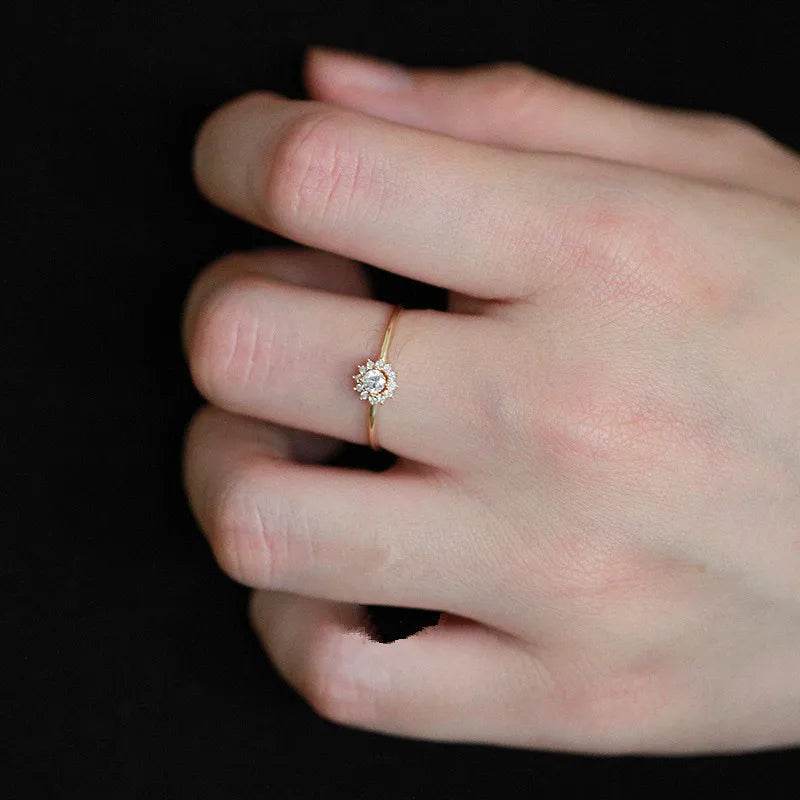 925 Sterling Silver Korean Version Simple Sunflower Ring For Women Pavé Crystal Fashion 14k Gold Plating Jewelry Gift - Touchy Style