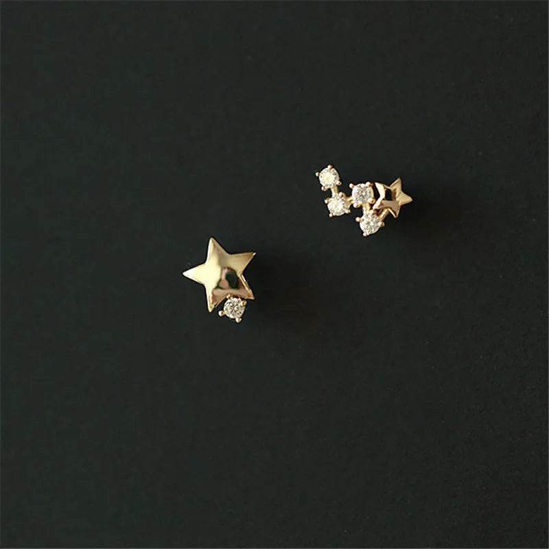 925 Sterling Silver Japanese Asymmetric Star Stud Earrings Women Modern Simple Student Party 14k Gold Plating Jewelry Gift - Touchy Style