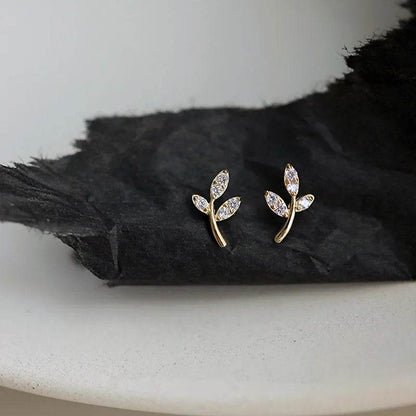 925 Sterling Silver French Simple Pavé Crystal Leaf Tree Life Stud Earrings Women Classic Plating 14k Gold Jewelry Gift - Touchy Style