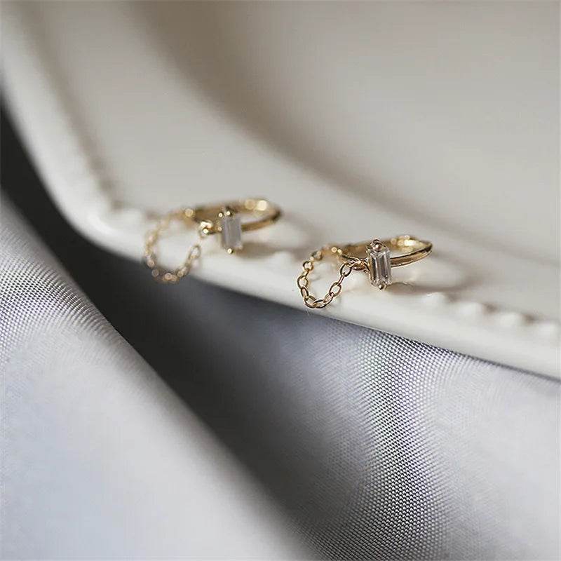 925 Sterling Silver French Simple Square Crystal Chain Earrings women Light Luxury Temperament Wedding Party Jewelry - Touchy Style