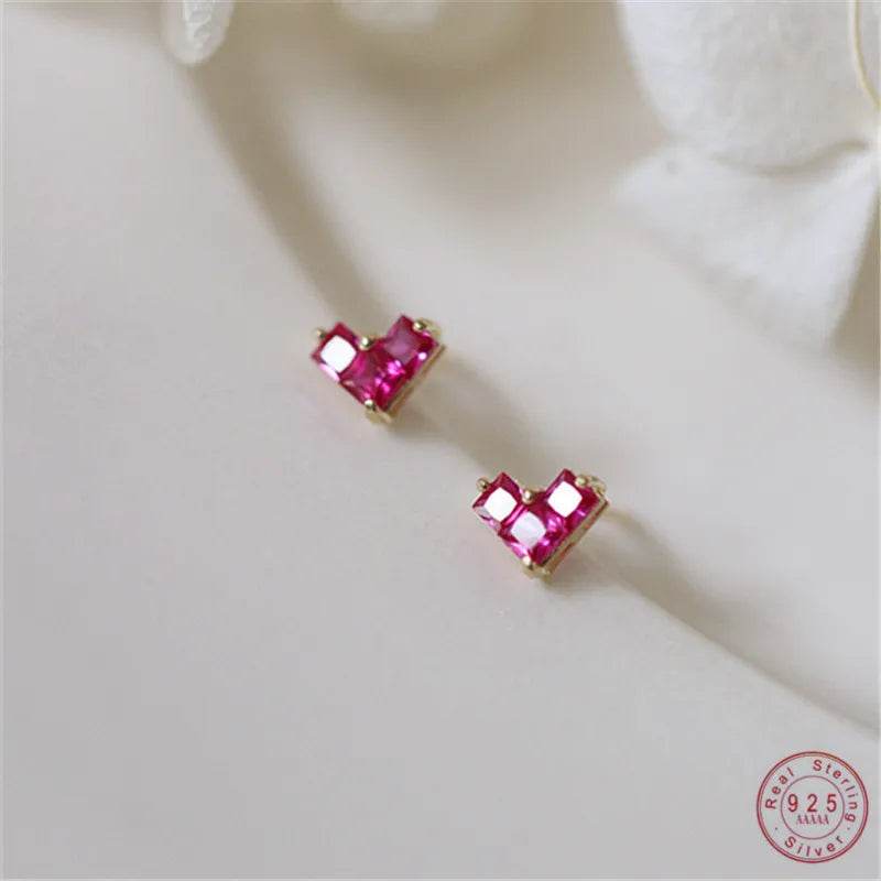 925 Sterling Silver French Simple Red Zircon Heart Stud Earrings Women Light Luxury Temperament Wedding Jewelry Gift - Touchy Style