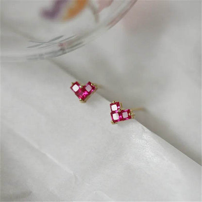 925 Sterling Silver French Simple Red Zircon Heart Stud Earrings Women Light Luxury Temperament Wedding Jewelry Gift - Touchy Style