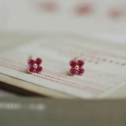 925 Sterling Silver Plated 14K Gold Red Zircon Lovely Small Flower Stud Earrings Women Wedding Jewelry Gift - Touchy Style