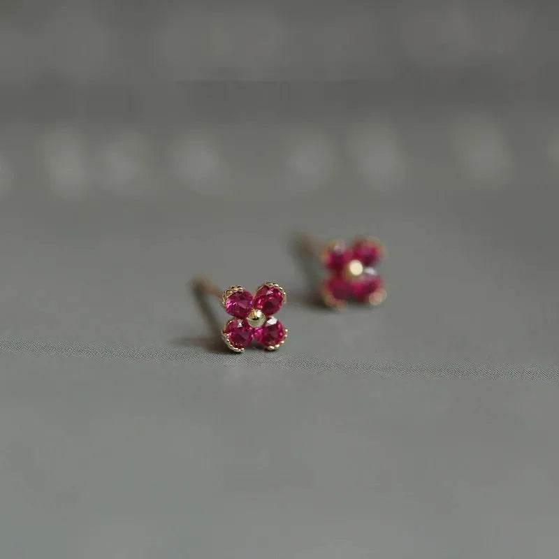 925 Sterling Silver Plated 14K Gold Red Zircon Lovely Small Flower Stud Earrings Women Wedding Jewelry Gift - Touchy Style