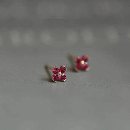 925 Sterling Silver Plated 14K Gold Red Zircon Lovely Small Flower Stud Earrings Women Wedding Jewelry Gift - Touchy Style