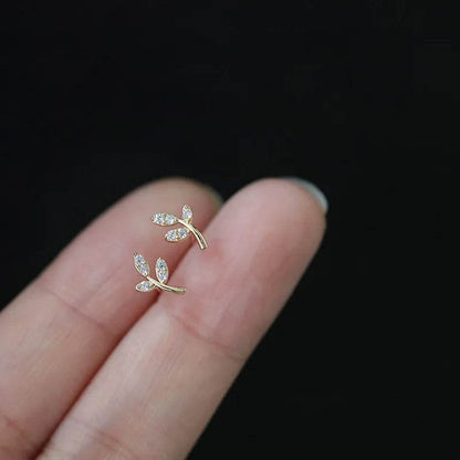 925 Sterling Silver French Simple Pavé Crystal Leaf Tree Life Stud Earrings Women Classic Plating 14k Gold Jewelry Gift - Touchy Style
