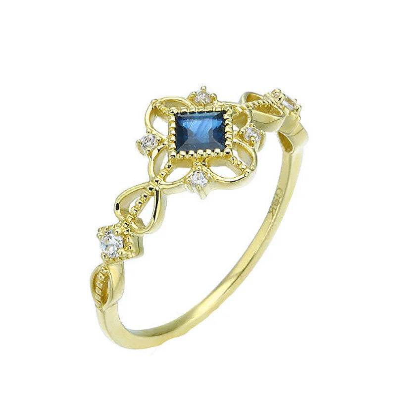 925 Sterling Silver 14K Gold Plated Ring for Women Blue Zircon Japanese Retro Hollow Simple Ring Wedding Party Jewelry - Touchy Style