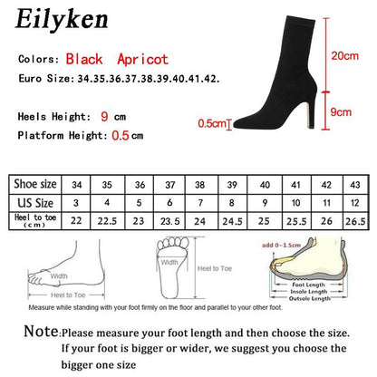 Winter Thick Heel Sock Flock Women Boots Pointed Toe Ankle Booties Sexy Female Shoes Plus Size 34-42 - Touchy Style
