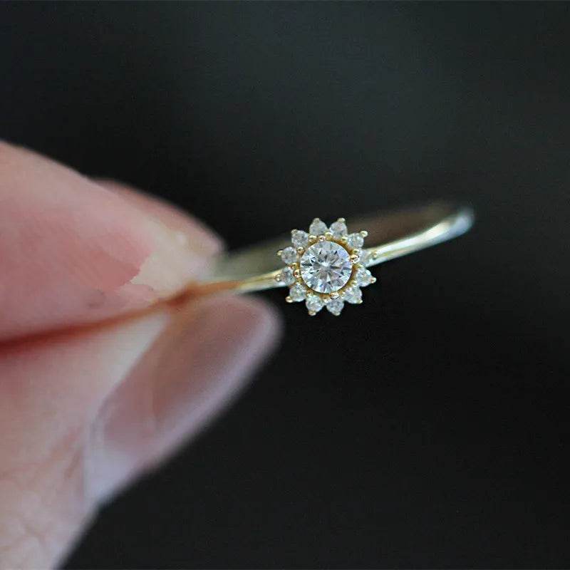 925 Sterling Silver Korean Version Simple Sunflower Ring For Women Pavé Crystal Fashion 14k Gold Plating Jewelry Gift - Touchy Style