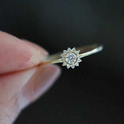 925 Sterling Silver Korean Version Simple Sunflower Ring For Women Pavé Crystal Fashion 14k Gold Plating Jewelry Gift - Touchy Style