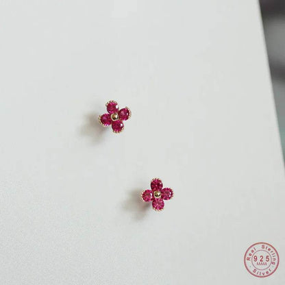 925 Sterling Silver Plated 14K Gold Red Zircon Lovely Small Flower Stud Earrings Women Wedding Jewelry Gift - Touchy Style
