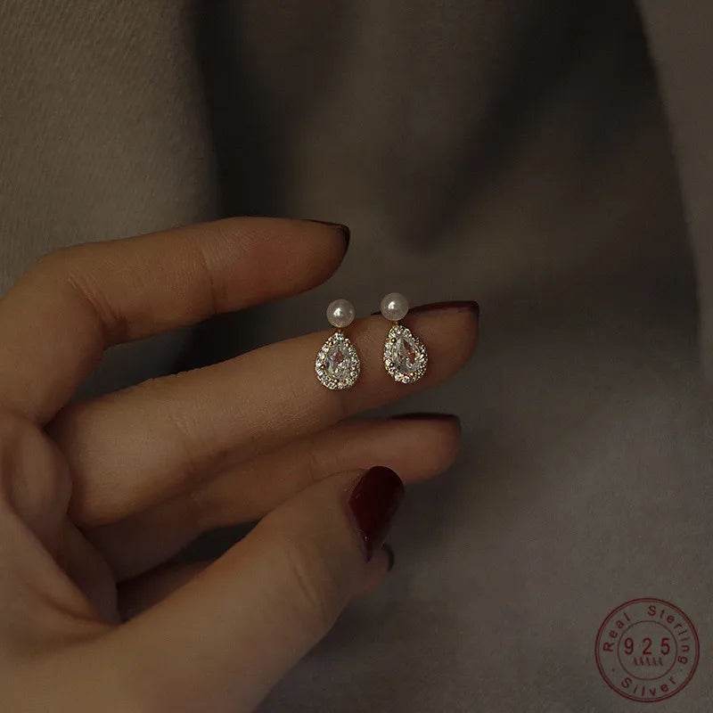 S925 Sterling Silver 14k Gold Plated Pearl Stud Earrings Water Drop Shiny Zircon Exquisite Earrings for Women Wedding Jewelry - Touchy Style