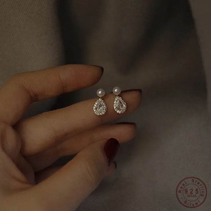 S925 Sterling Silver 14k Gold Plated Pearl Stud Earrings Water Drop Shiny Zircon Exquisite Earrings for Women Wedding Jewelry - Touchy Style