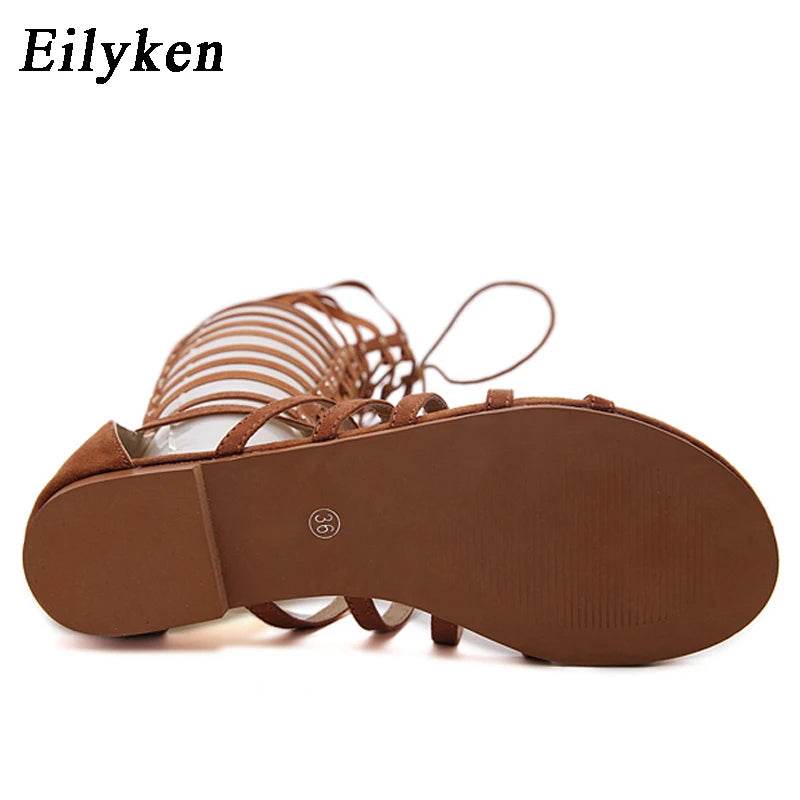 Designer Women Sandals Strappy Open toe Knee High Summer Gladiator Flat Sandals Roman Bandage Casual Boots Shoes - Touchy Style