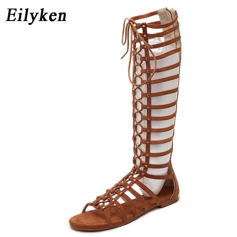 Designer Women Sandals Strappy Open toe Knee High Summer Gladiator Flat Sandals Roman Bandage Casual Boots Shoes - Touchy Style