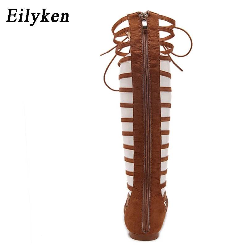 Designer Women Sandals Strappy Open toe Knee High Summer Gladiator Flat Sandals Roman Bandage Casual Boots Shoes - Touchy Style