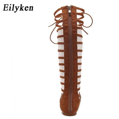 Designer Women Sandals Strappy Open toe Knee High Summer Gladiator Flat Sandals Roman Bandage Casual Boots Shoes - Touchy Style