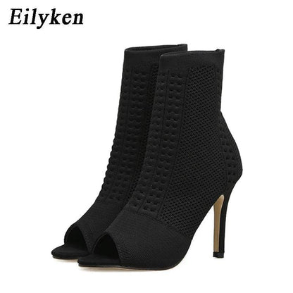 Spring Design Ankle Boots Women Peep Toe Knitted Stretch Fabric Booties Sexy Cut-Out Stilettos High Heels Shoes - Touchy Style
