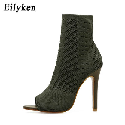 Spring Design Ankle Boots Women Peep Toe Knitted Stretch Fabric Booties Sexy Cut-Out Stilettos High Heels Shoes - Touchy Style
