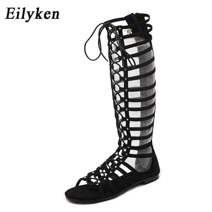 Designer Women Sandals Strappy Open toe Knee High Summer Gladiator Flat Sandals Roman Bandage Casual Boots Shoes - Touchy Style